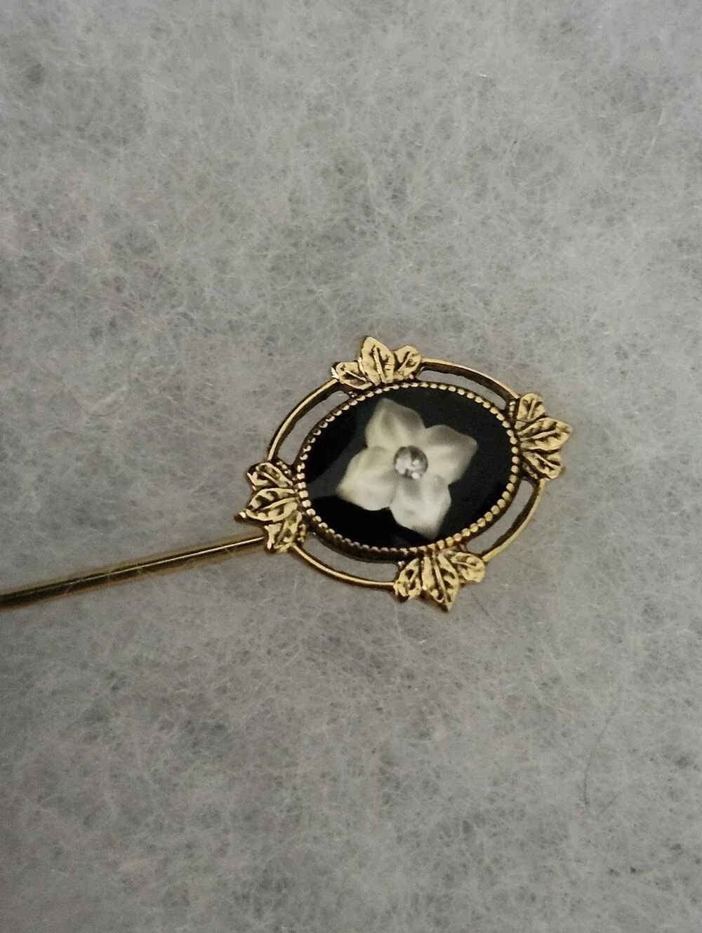 Vintage Gold Tone Floral Stick Pin with Black and White Accents